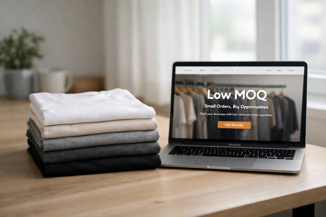 Stack of folded custom apparel beside a laptop showing a low-MOQ ordering page
